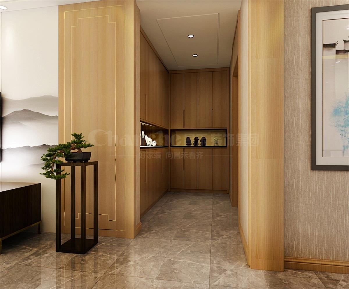 進(jìn)門處的鞋柜，既滿足了屋主的生活習(xí)慣，又體現(xiàn)出對自然人文古意的喜好之情。